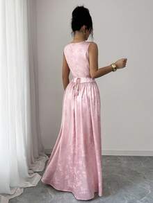 Elenzga Sleeveless Draped Neck Cinched Waist A-Line Satin Jacquard High-Gloss Fabric Light Pink Tie Waist Slimming French Elegant Vacation Dress For Women, Spring/Summer - Pink - View 2