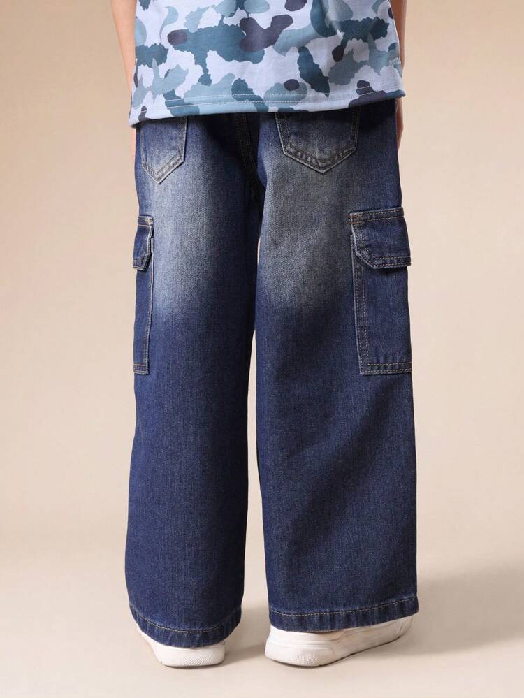 Wide Leg Cargo Denim Jeans With Drawstring