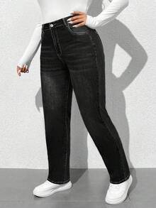 SHEIN Tall CURVE 大码秋季休闲水洗斜口袋紧身牛仔裤 - 黑色 - 查看 4