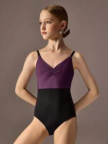 Tween Girls 2 Pieces Set: Burgundy Sleeveless Minimalist Jumpsuit And Skirt. High Stretch Dual-Tone Fabric Splice Design Fitted Ballet Leotard, Suitable For School, Professional Training, Ballet, Gymnastics, Dance Studio, Dancing, Dance Wear - Multicolor - View 5