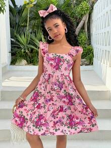 少女碎花束腰V领连衣裙，适合海滩、度假、夏威夷之旅、家庭亲子装、姐妹合照、公园、露营、派对、日常休闲、假日穿着。 - 粉色 - 查看 2