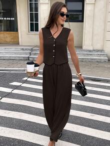Serisse Bộ đồ 2 mảnh thanh lịch dành cho nữ, cổ chữ V, cài cúc phía trước, gồm áo vest và quần dài. - Cà phê nâu - Xem 4