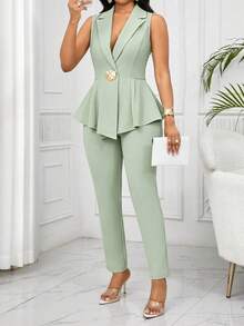 SHEIN Lady 大码女式纯色立领金属装饰荷叶边下摆背心上衣和裤子正式套装，通勤风格 - 薄荷綠 - 查看 4