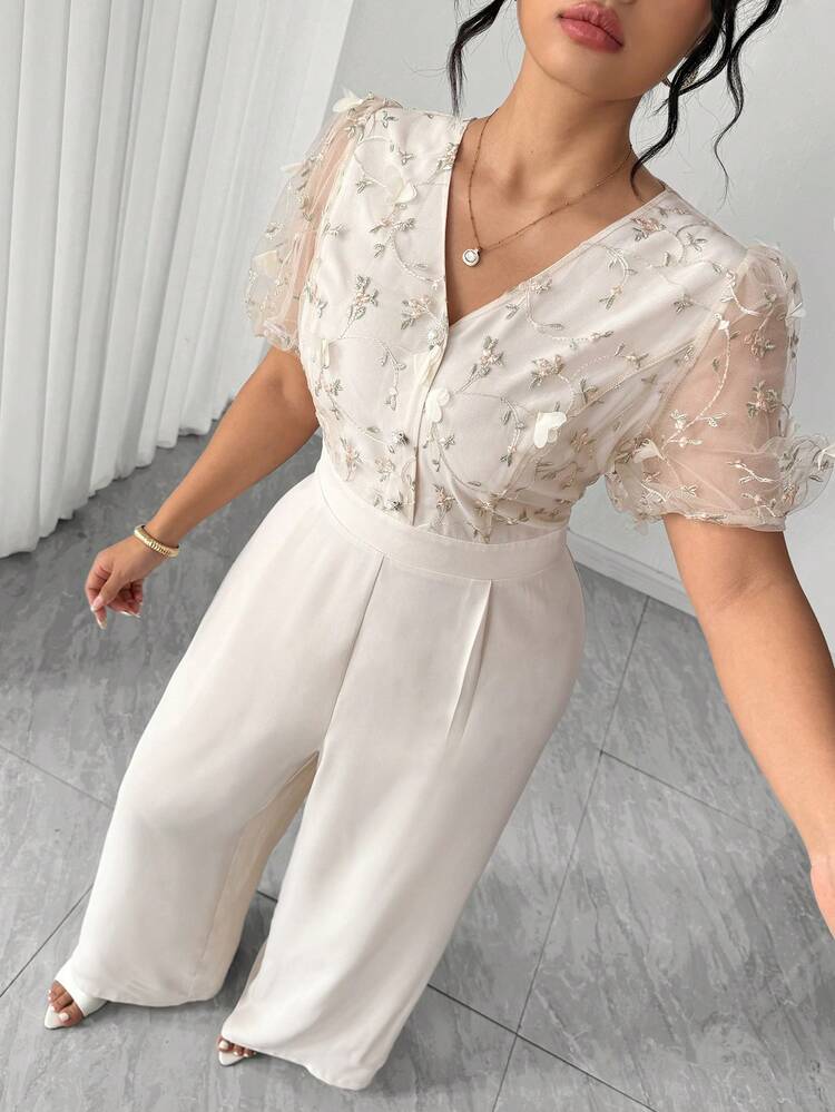 Elenzga Mono corto de mujer talla grande con parches bordados de malla, mangas cortas, botones y detalles de malla bordados - Albaricoque - Añade 4