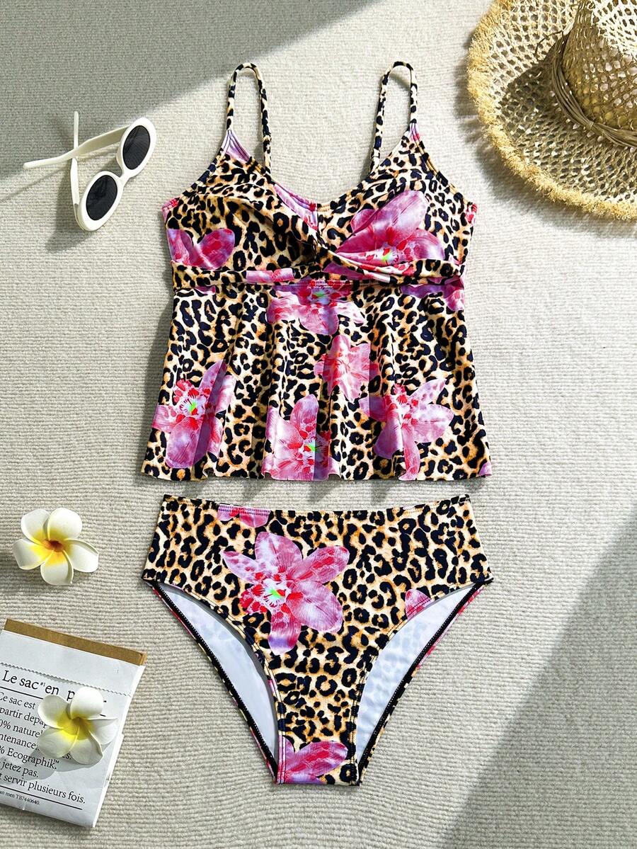 SHEIN 少女花卉豹纹吊带比基尼泳衣套装，夏季豹纹泳装，动物纹泳衣，少女豹纹泳装，两件式泳衣，豹纹吊带比基尼，花卉豹纹泳装，豹纹泳衣上装 - 彩色 - 查看 1