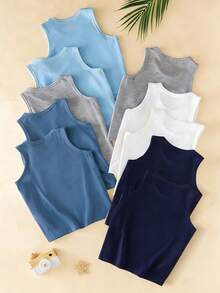 SHEIN 10件装男童舒适休闲无袖打底背心，简约设计，易于搭配，弹力透气针织面料，可机洗，穿着舒适，易于打理（5件单独出售） - 彩色 - 查看 2