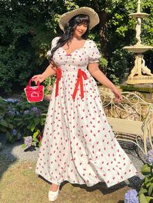 Lyrianda 大码女式樱桃印花蝴蝶结连衣裙 - 彩色 - 查看 5