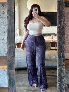 Dazy Plus Ditsy Floral Drawstring Waist Fitted Straight Leg Pajama Bottoms - Navy Blue - View 8