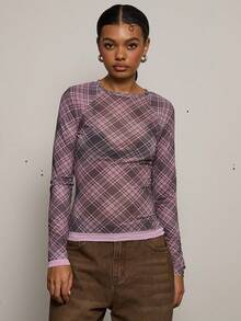 COUREZ 长袖格纹网纱上衣 / Y2K 冬季外出穿搭 性感外出穿搭 夜间外出穿搭 性感 - 摩卡棕 - 查看 4