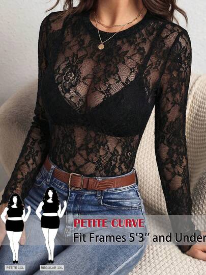 SHEIN PETITE CURVE Áo kiểu nữ cỡ lớn cổ tròn tay dài ren hoa xuyên thấu gợi cảm