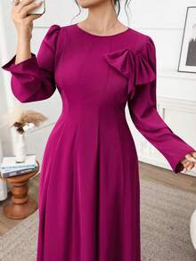 Feyla Plus Size Women's Solid Color Round Neck Long Sleeve Bow Decor Elegant Dress - Burgundy - View 4