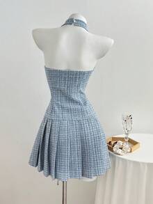 Elamini 女士白色短款连衣裙，优雅的秋冬日常、派对、休闲装扮，翻领褶裥粗花呢面料 - 藍色 - 查看 2