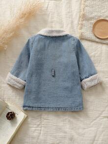 Vintaside Kids Baby Girls' Vintage Denim Style Solid Color Lapel Cardigan,Light Blue And White,Autumn,Casual,Back-To-School,Long Sleeve Open Front Jacket - Blue - View 2