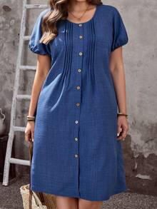 EMERY ROSE 大码女式纯色圆领短泡泡袖单排扣褶皱设计休闲连衣裙 - 藍色 - 查看 1