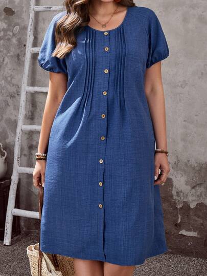 EMERY ROSE Plus Size Women's Summer Casual Vacation Country  Solid Color Round Neck Short Puff Sleeve Single-Breasted Pleated Design Casual Dress\Summer\Vacation,Summer Holiday,Spring Break Outfits ,Vacation Outfits Women ,Holiday Outfits For Women,Going Out Outfits,2026 New Clothes,Simple And Fashionable For Everyday Wear,Suitable For Summer, Vacation, Daily Wear,Casual Dresses For Women,Flowy Dress , Blue Midi Dress ,Faux  Denim Midi Dress,Beach Outfits For Women