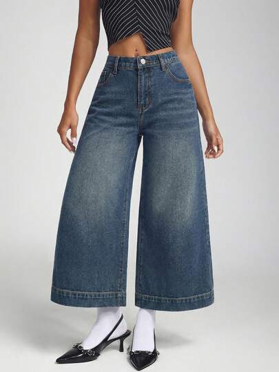 SHEIN 少女休闲宽松阔腿深蓝色牛仔裤，夏季休闲时尚度假风，街头穿搭，2000年代风格，舒适柔软的牛仔面料，舒适柔软的牛仔短裤，夏季牛仔短裤，中腰裤