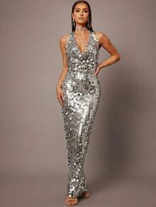Silquee Đầm ôm sát đính sequin cổ khoét sâu hở lưng thanh lịch dành cho nữ dự tiệc - Bạc - Xem 6