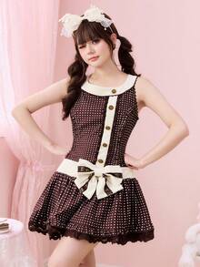 ROMWE Kawaii 复古甜心提拉米苏波点蝴蝶结无袖迷你连衣裙 - 咖啡棕 - 查看 7