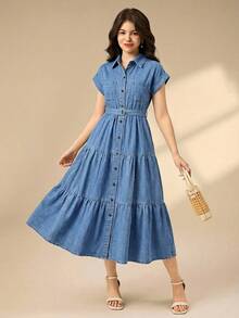 少女蓝色牛仔领层叠蛋糕裙，夏季连衣裙，春季女童连衣裙，优雅派对连衣裙，毕业礼服，度假装 - 淺色水洗藍 - 查看 5