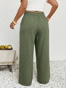 SHEIN Frenchy 大码女式休闲纯色长裤，适合度假穿着，阔腿裤，休闲阔腿裤，春季阔腿裤，波西米亚风女裤 - 綠色 - 查看 2