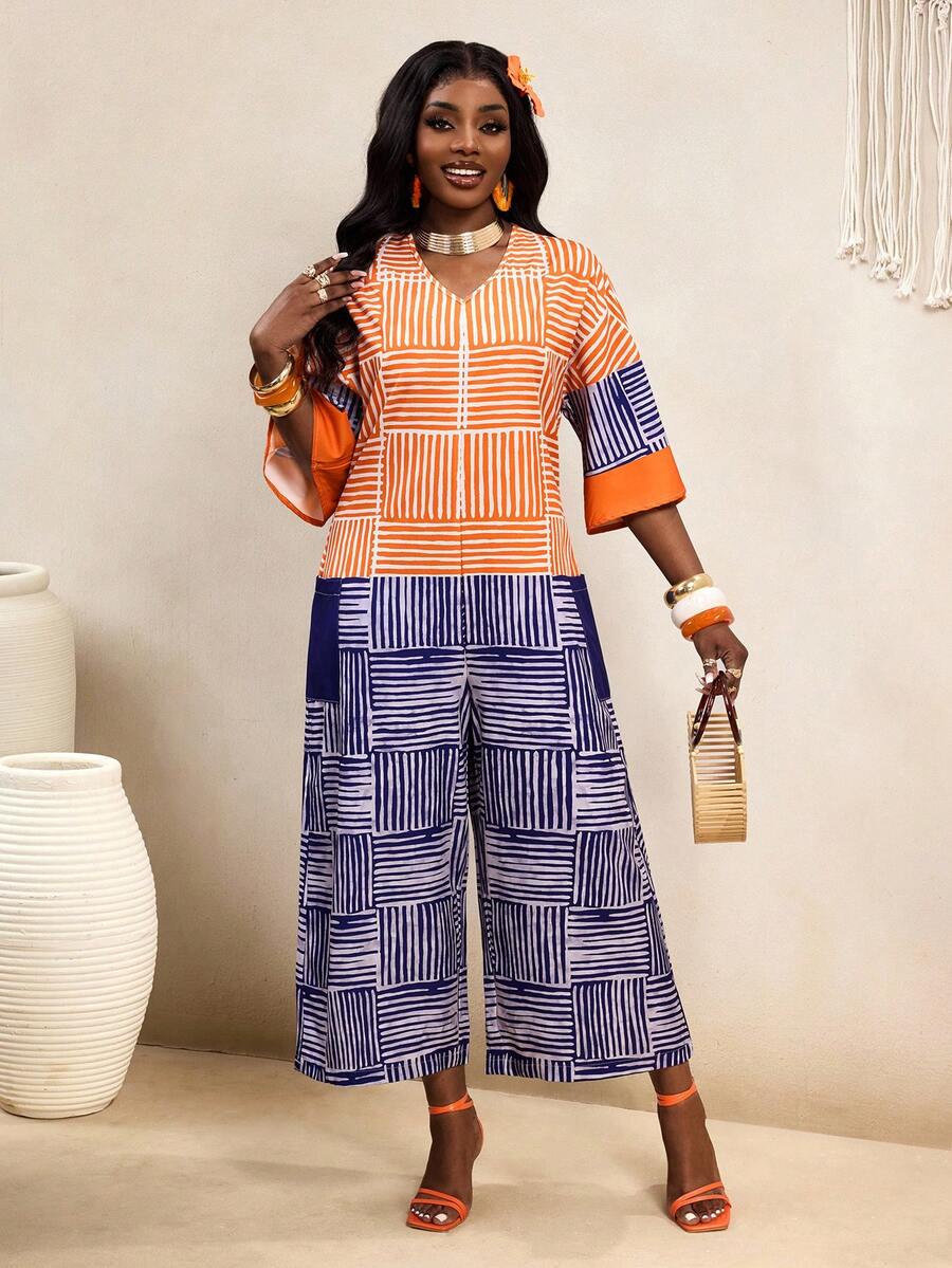 SHEIN BamGlam Bộ áo liền quần nữ kẻ sọc nhiều màu, dáng rộng, thoải mái cho kỳ nghỉ. - Nhiều màu - Xem 1