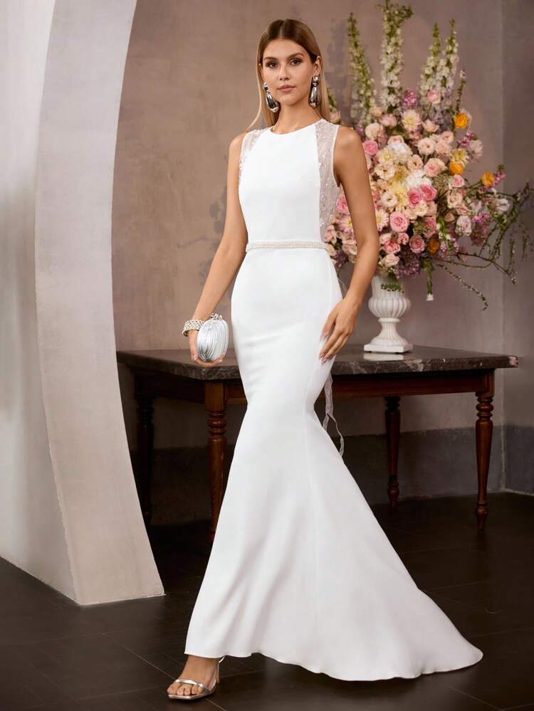 MOTF Soiréza VESTIDO DE RENDA ELEGANTE COM CONTRASTE E COSTAS ABERTAS, PRIMAVERA/VERÃO - Branco - Visão 6