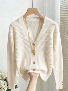 SHEIN Franclia 早春新款时尚通勤优雅百搭宽松休闲3D罗纹杏色V领长袖开衫，配独特金属纽扣，女款 - 杏色 - 查看 6