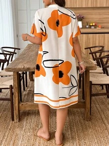 EMERY ROSE Plus Size Floral Print Notched Neck Casual Short Sleeve Dress - Orange - View 2