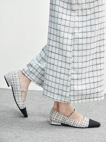 CUCCOO BIZCHIC Women's New Gray French Low Heel Pointed Toe Simple Fashionable Knitted Mary Jane Shoes For Christmas Spring Shoes - Beige grid - View 4