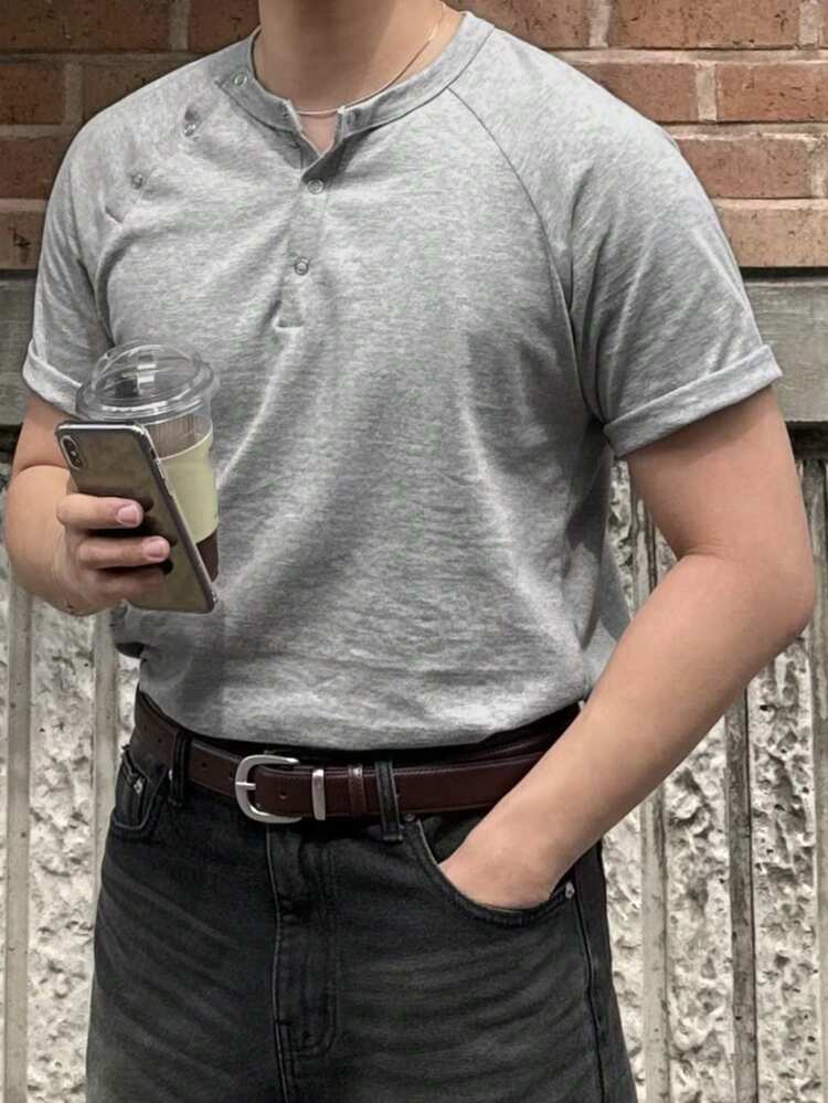 Men's Solid Gray Double Placket Design Street Style T-Shirt, Summer