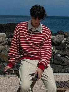 DAZY Men's Striped Patchwork White Collar Polo Shirt, Spring - Red - View 4