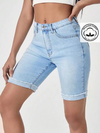 EMERY ROSE Plus Size Women Casual Distressed Light Blue Denim Shorts Jorts