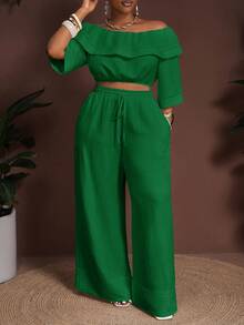 Veslaya 2025新款春夏沙滩/户外休闲/音乐节/复古西式度假/休闲度假/旅游/城市度假宽松白色竹纤维露肩荷叶边半袖短款上衣，配有松紧腰带抽绳和口袋，搭配阔腿裤两件套 - 綠色 - 查看 3