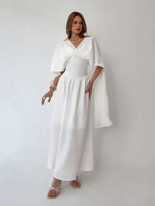 Aloruh Apricot V-Neck Flowy Elegant Romantic Vacation/Date Dress - Apricot - View 3