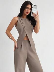 Firerie Women's Elegant Casual Urban Commute Office Wear Khaki Sleeveless Asymmetrical Collar Design Waist Cinched X-Shaped Fitted Blouse And Loose Wide Leg Pants Set, Spring/Summer Ladies Suit, Teacher Outfit, Graceful Commuter Attire - Khaki - View 8