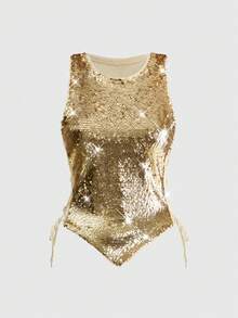 ROMWE Hippie Women's Sequin Backless Top, Suitable For Music Festivals - Gold - View 2