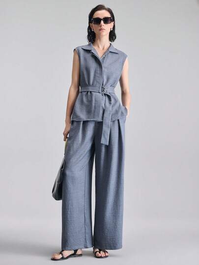 Ontre 2026SS Neuer 2 Stücke Damen-Set, blaues, bequemes, weiches gewebtes Stoff-Hemd mit Kragen und Knöpfen, locker geschnitten, tailliert, und weite Hose, moderne urbane Businessmode, geeignet für Hochzeiten, Partys, romantische Anlässe, Frühlings-/Sommermode für das Büro