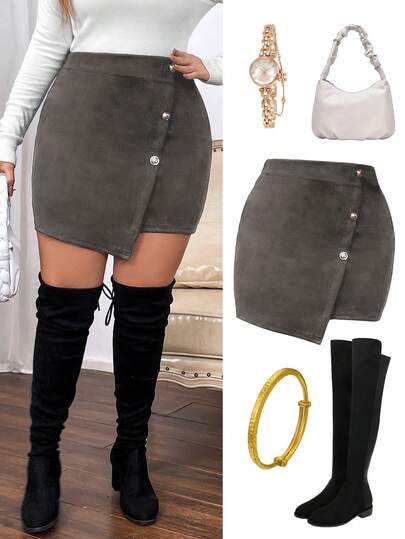 Vionelle Plus Size Solid Color Minimalist Casual Skirt Khaki Skirts Skirt Outfit Set Gray Skirt