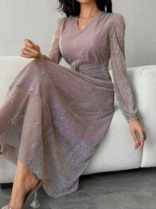 DAZY Robe longue élégante pour femmes avec décoration de sequins, robe scintillante, robe d'été - Rose bonbon - Voir 2