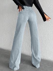 Cloudara 100Cotton High Waist Wide Leg Jeans TALL Everyday Light Blue Summer Casual Streetwear - Baby Blue - View 3