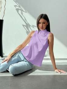 Aloruh Blusa tejida con pliegues en H sin mangas de estilo minimalista y de uso diario, color blanco, para primavera/verano - Morado Violeta - Ver 6