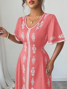 Elenzga Đầm nữ in họa tiết cổ chữ V thanh lịch mới - Hồng - Xem 3