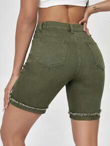 Flexra Women's Green Denim Biker Shorts Casual Zipper Distressed Short Shorts - Green - View 2