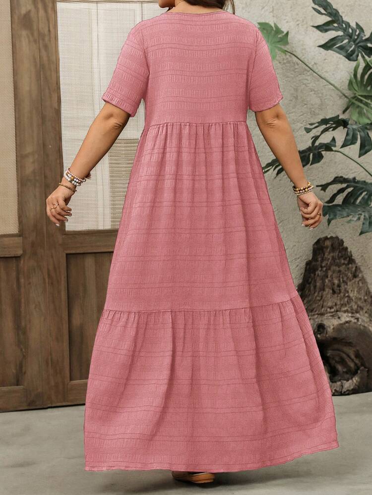Plus Size Women's Summer Casual Vacation Solid Color Pink Short Sleeve Long Dress, Casual Resort Wear For Early Spring Long Summer Dress Plus Short Sleeve Long Dress,Spring Break Outfits ,Vacation Outfits Women ,Holiday Outfits For Women,Going Out Outfits,2026 New Clothes,Simple And Fashionable For Everyday Wear,Summer Dress,Dress Modest,Sun Dresses For Women,Sundress,Flowy Dress,Holiday Outfits Boho