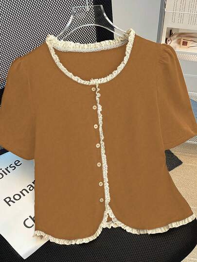 GlowEve Camiseta de mujer con cuello redondo, manga corta abullonada y volantes, de un solo abotonado