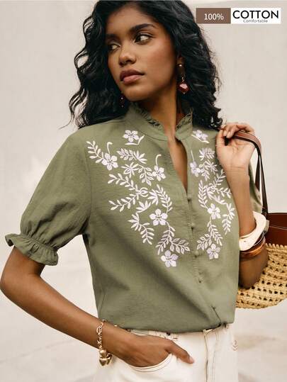 Poéselle Damblus med kort ärm och blommig broderi, sommar, i avslappnad semesterstil för dam,