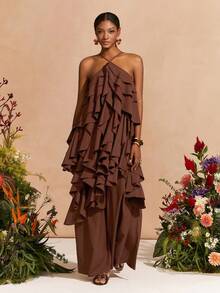 Zivah 2026春夏新款婚礼季、音乐节、复活节、西部风、游牧风、波西米亚风、纳什维尔风、派对、婚礼、晚宴、约会、聚会、生日、学院风、学生装、日常出行、百搭基础款、休闲、度假、邮轮旅行、海滩、日光浴、爆款、优雅、通勤、商务休闲无袖多层荷叶边宽松A字长裙，深棕色连衣裙，春夏连衣裙，派对连衣裙，性感连衣裙，优雅连衣裙，女士连衣裙 - 咖啡棕 - 查看 4