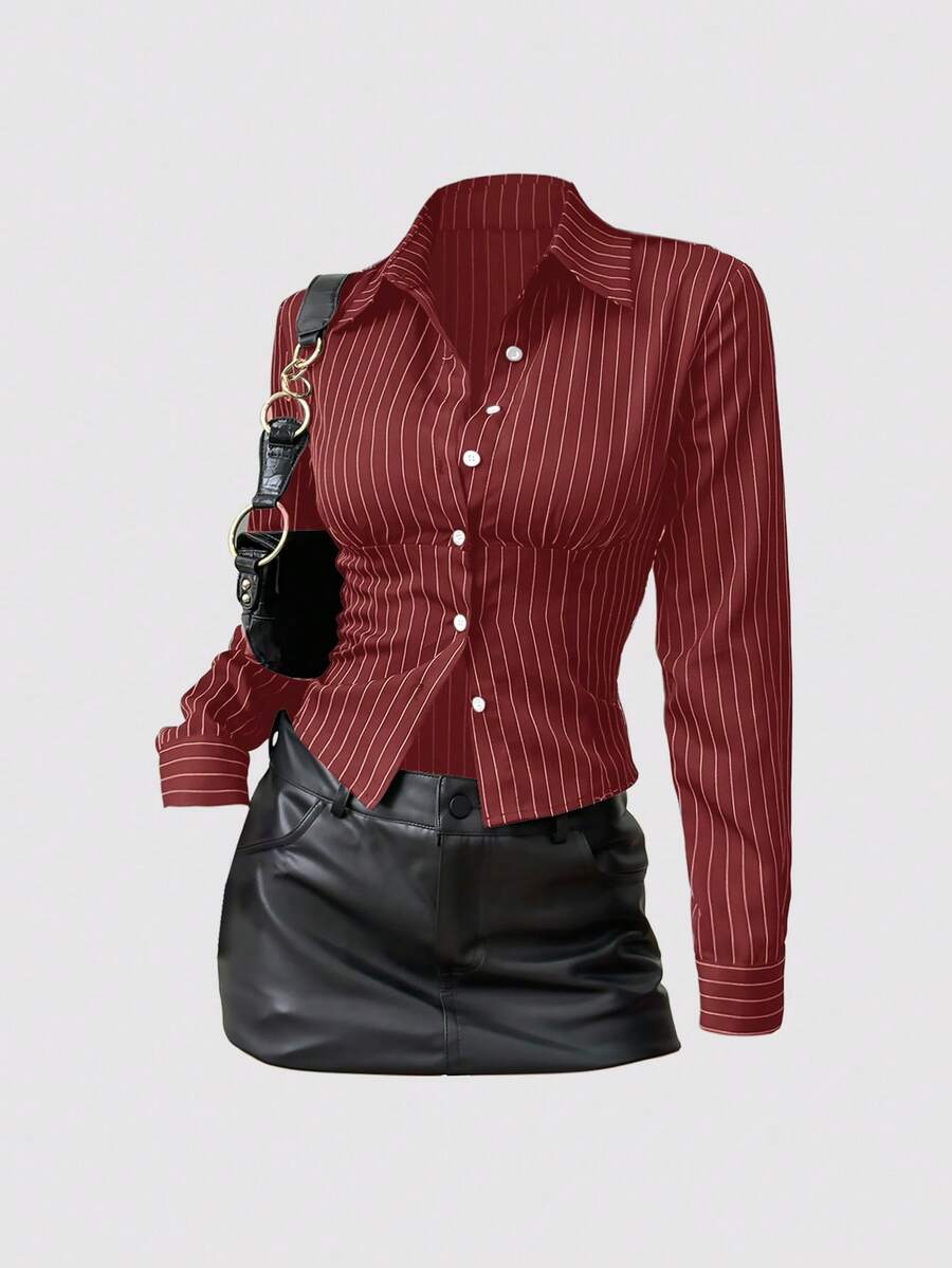 Sweetra Fashionable Contrast Color Textured Button Fitted Waist Flattering Striped Collar Long Sleeve Blouse For Women - Red - View 1