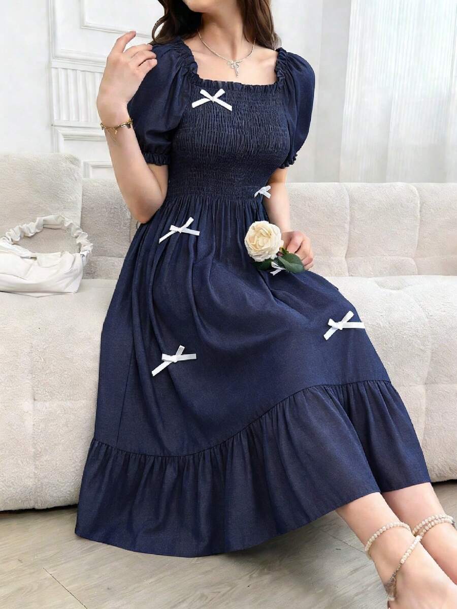 SHEIN 少女纯色泡泡袖蝴蝶结休闲夏日连衣裙 - 藏蓝色 - 查看 1