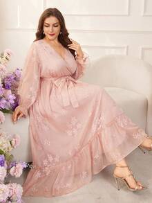 Modelyn Plus Size Women Floral Embroidery Crossover Neck Long Sleeve Waist Cinched Elegant French Style Dress - Pink - View 4